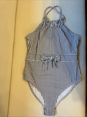 Habitual Navy and White Striped Halter Swimsuit